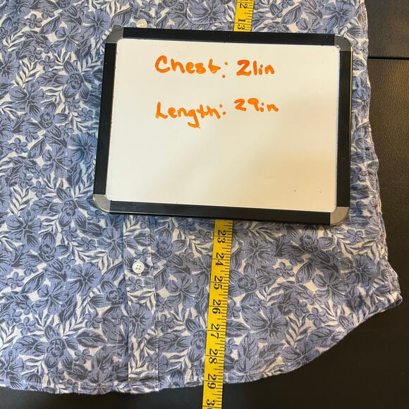 Caribbean Joe Blue and White Tropical Print Short Sleeve Linen Button Up Size M - Picture 6 of 6